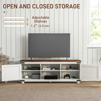 Kirby Farmhouse TV Stand with Small Minimalist Barn Doors for TVs up to 65"-Distressed White