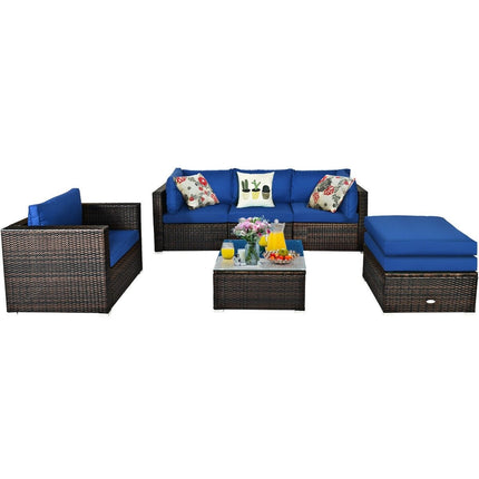 6 Pieces Patio Rattan Furniture Set with Sectional Cushion-Black
