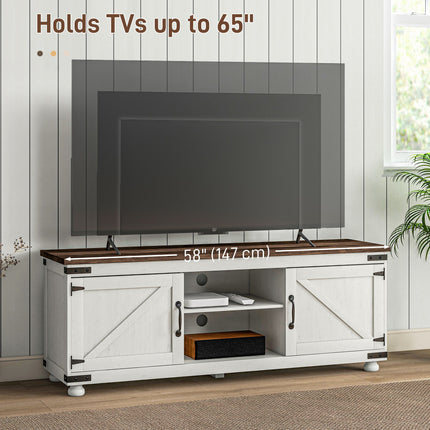 Kirby Farmhouse TV Stand with Small Minimalist Barn Doors for TVs up to 65"-Distressed White