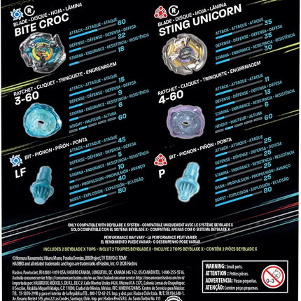 Beyblade X Bite Croc 3-60LF and Sting Unicorn 4-60P  Dual Pack Set