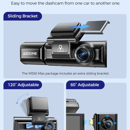 AZDOME M550 Max Dash Cam 3 Channel WiFi GPS 4K+1080P+2.5K Parking Mode 64GB Card