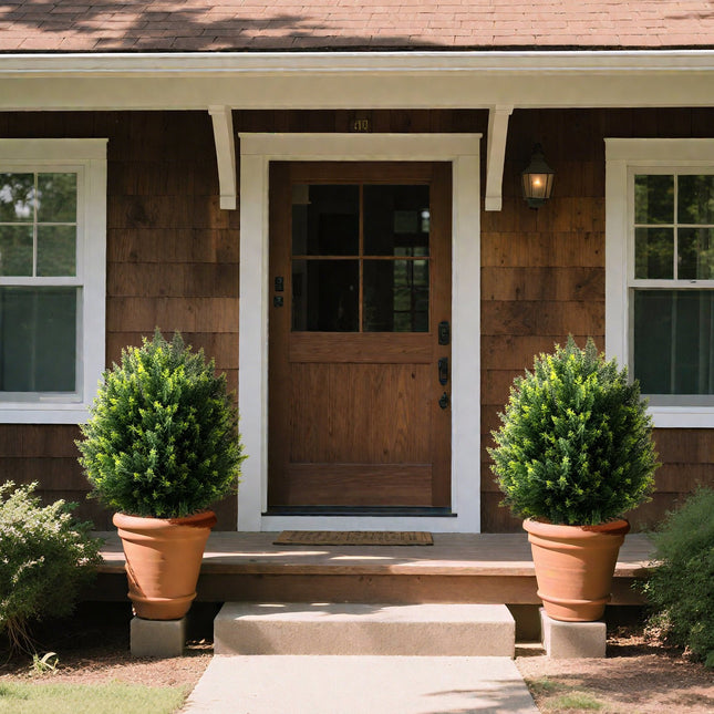 24 Inches Artificial Cypress Topiary Ball Tree Set with Ground Spike-Green