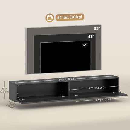 Jesse 55" Floating TV Stand with 2 Fluted Flip-Down Doors for TVs up to 72"-Black