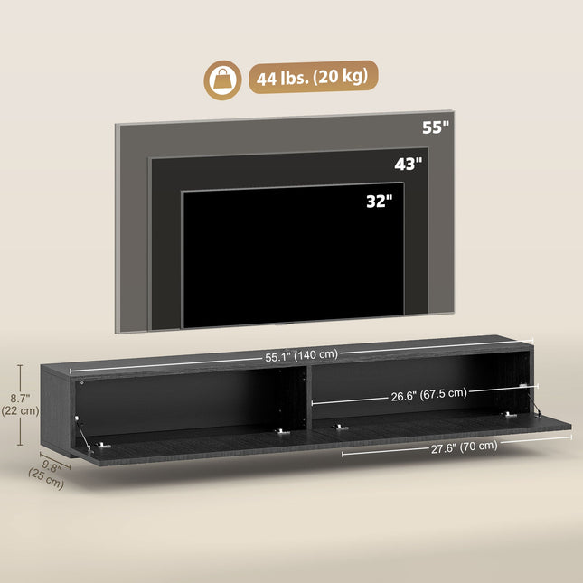 Jesse 55" Floating TV Stand with 2 Fluted Flip-Down Doors for TVs up to 72"-Black