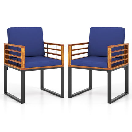 Acacia Wood Outdoor Dining Chairs Set of 2 with Soft Cushions-Navy