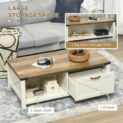 Lowen Farmhouse Coffee Table with Drawer and Open Storage Shelf-Brown