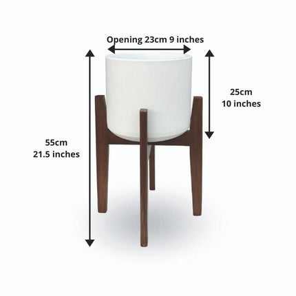 Boni White Mid - Century Cement Planter With Wooden Stand