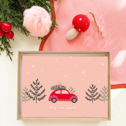 Coffret de 6 cartes de Noël pliées - Auto rouge