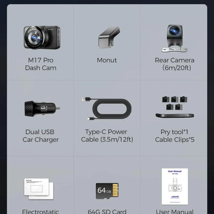 AZDOME M17 Pro 3.0 Inch  Time Lapse Front and Rear 1080p Dual Lens Car Dashboard Camera App Control Car Camera