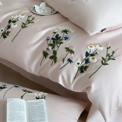 Royal Retreat Daisy Floral Embroidery 1000 TC Cotton Duvet Set - Rose