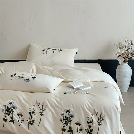 Royal Retreat Daisy Floral Embroidery 1000 TC Cotton Duvet Set - White