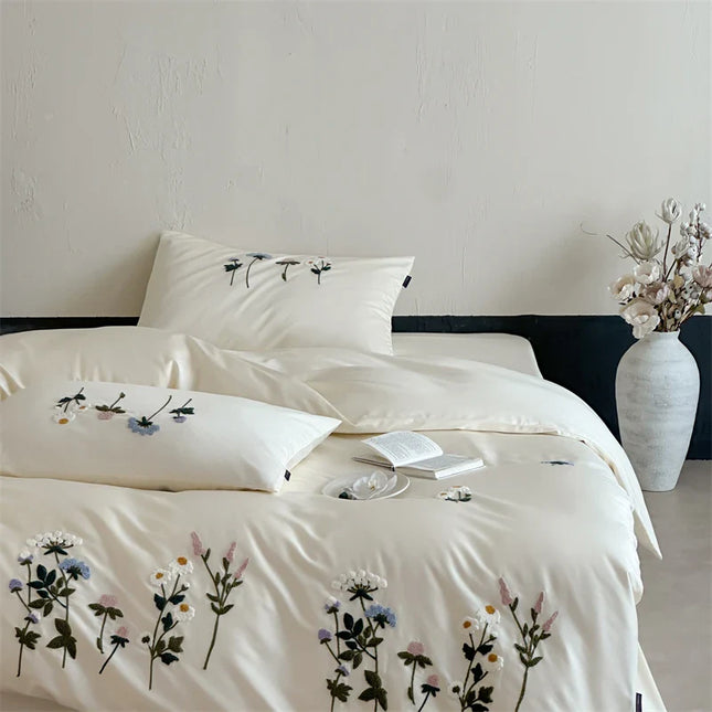 Royal Retreat Daisy Floral Embroidery 1000 TC Cotton Duvet Set - White
