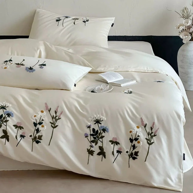 Royal Retreat Daisy Floral Embroidery 1000 TC Cotton Duvet Set - White