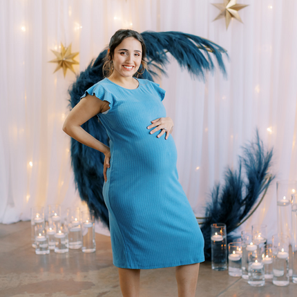 Baby Blue Ruffle Sleeve Ribbed Maternity Dress