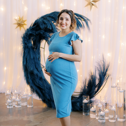 Baby Blue Ruffle Sleeve Ribbed Maternity Dress