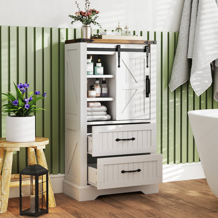 Farmhouse Bathroom Floor Cabinet Freestanding Wooden Storage Organizer-White