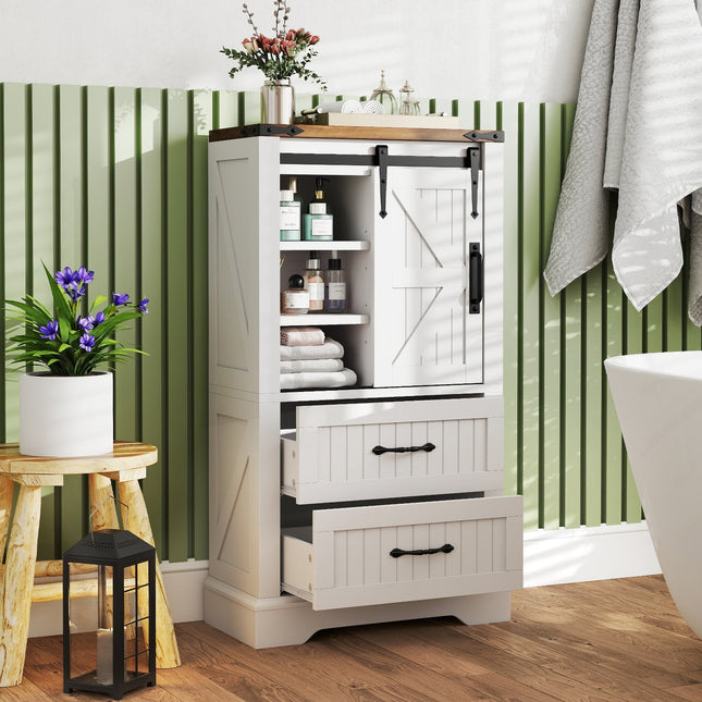 Farmhouse Bathroom Floor Cabinet Freestanding Wooden Storage Organizer-White