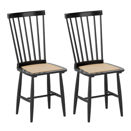Farmhouse Solid Rubber Wood Dining Chairs Set of 2 with PE Rattan Seats-Black