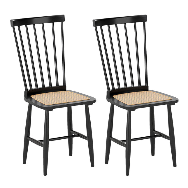 Farmhouse Solid Rubber Wood Dining Chairs Set of 2 with PE Rattan Seats-Black