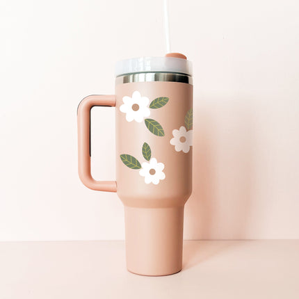 Gobelet isotherme 40oz - vieux-rose Fleurs maxi blanches