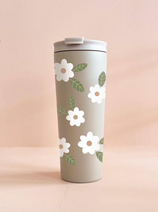 Gobelet isotherme 24oz - greige Fleurs maxi blanches
