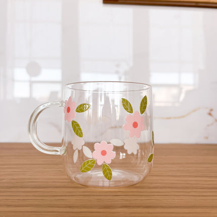 Tasse en verre clair - Fleurs maxi rose