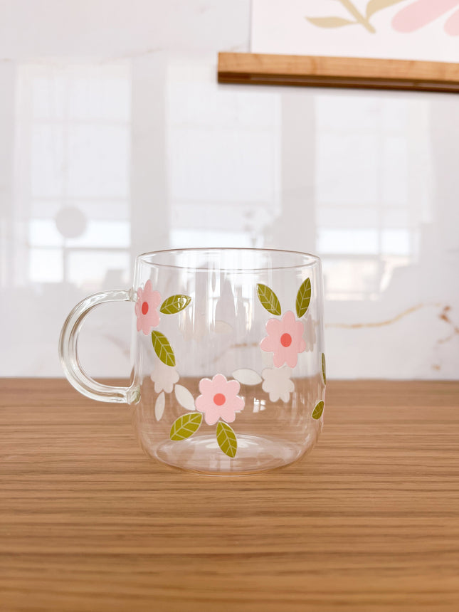 Tasse en verre clair - Fleurs maxi rose