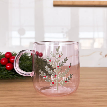 Tasse en verre rose - sapin de Noël