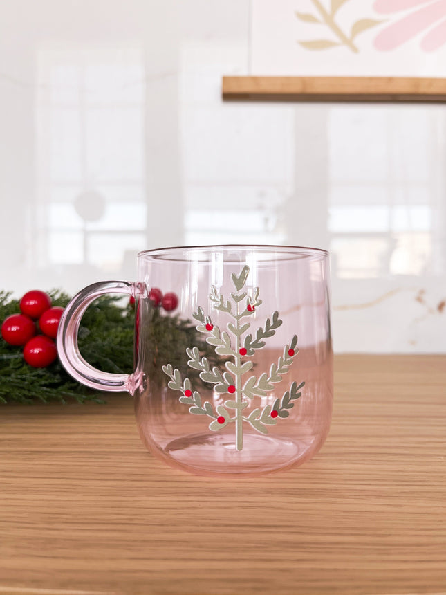 Tasse en verre rose - sapin de Noël
