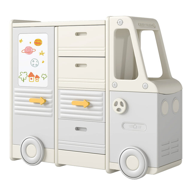 Kids Toy Storage Organizer Bus-shaped Children Cabinet with 4 Pull-out Drawers with Handles-Gray