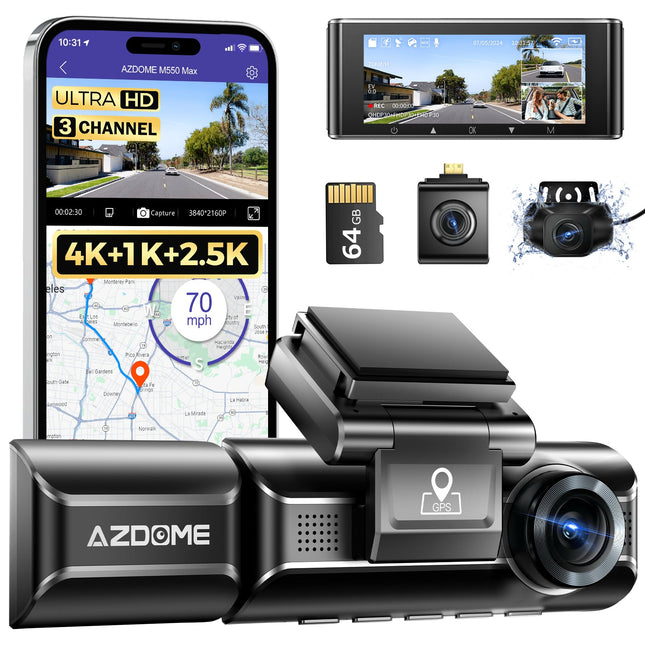 AZDOME M550 Max Dash Cam 3 Channel WiFi GPS 4K+1080P+2.5K Parking Mode 64GB Card