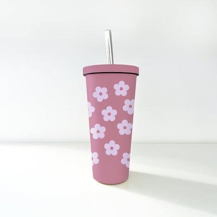 Gobelet 24oz - acier inox mauve - fleurs retro