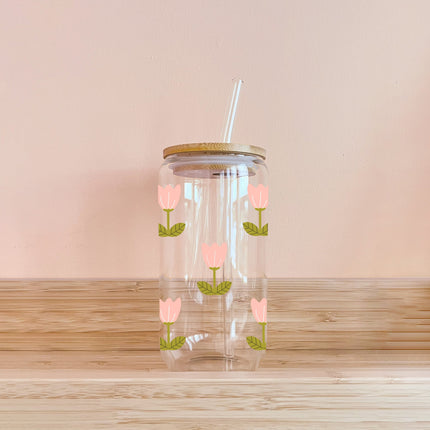 Verre boho - Tulipes roses