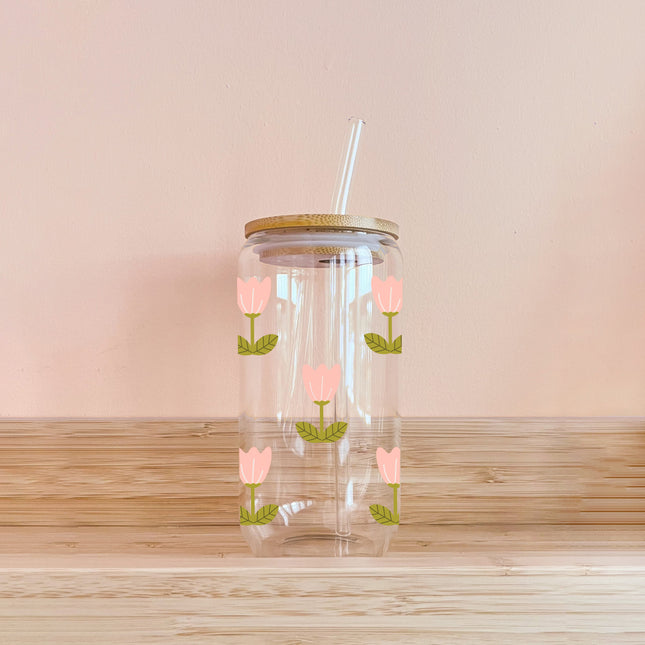 Verre boho - Tulipes roses