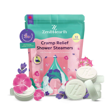 Zen & Hearth Period Cramp Relief Shower Steamers - Handcrafted Aromatherapy Tablets with Clary Sage, Lavender & Geranium for Period Pain Relief & Relaxation Made in Canada