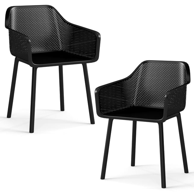 Modern Plastic Dining Chairs Set of 2 Kitchen Armchairs with Breathable Mesh Backres-Black