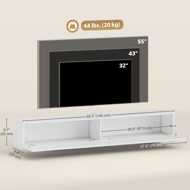 Jesse 55" Floating TV Stand with 2 Fluted Flip-Down Doors for TVs up to 72"-White