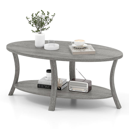 Oval Coffee Table 2-Tier Center Table with Storage Shelf-Gray