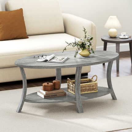 Oval Coffee Table 2-Tier Center Table with Storage Shelf-Gray
