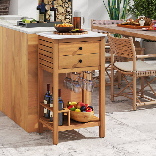 Patio Acacia Wood Storage Cabinet Patio Buffet Cabinet Bar Table with Faux Marble Countertop