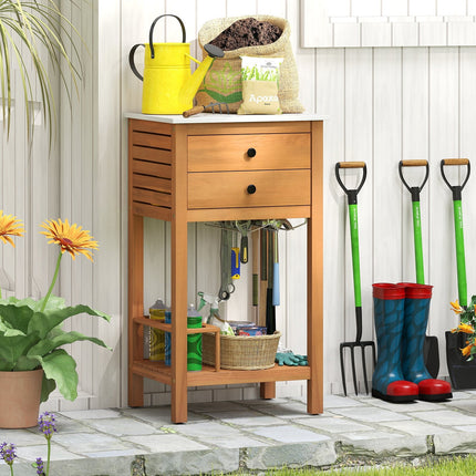 Patio Acacia Wood Storage Cabinet Patio Buffet Cabinet Bar Table with Faux Marble Countertop