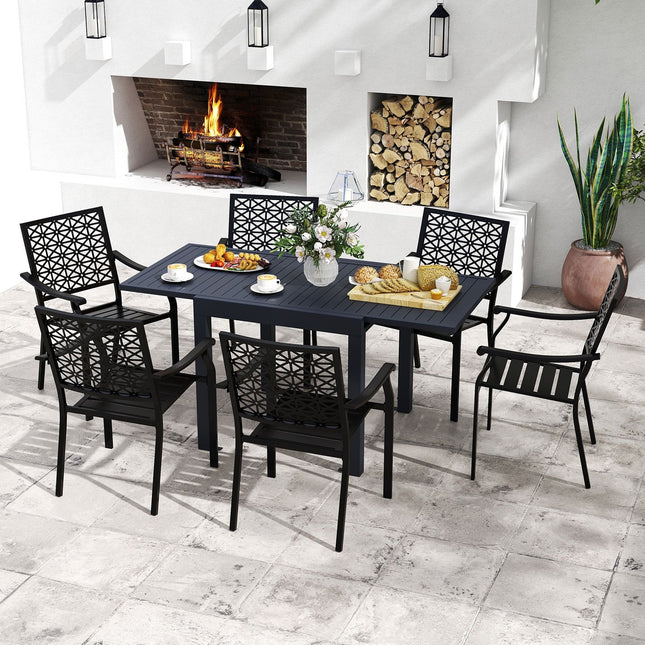 Patio Rectangular Aluminum Table and Stackable Armchairs Set with Slatted Tabletop and Seats