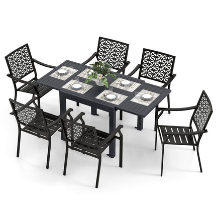 Patio Rectangular Aluminum Table and Stackable Armchairs Set with Slatted Tabletop and Seats