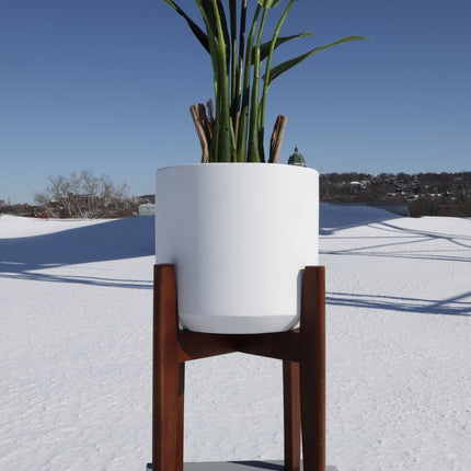 Boni White Mid - Century Cement Planter With Wooden Stand