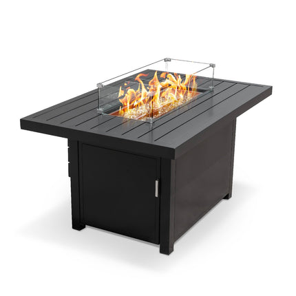 Propane FirePit Table: 50,000 BTU Aluminum Slat Top with Lid, Stainless Steel Burner, Windguard, 8KG Glass Beads, 300D PVC Cover, CSA-Listed