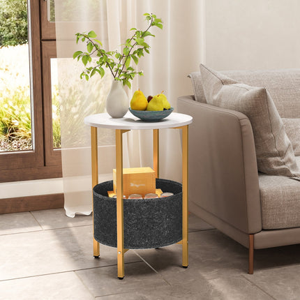 Round End Table 2-Tier Side Table with Removable Fabric Basket and Metal Frame-Rustic Brown