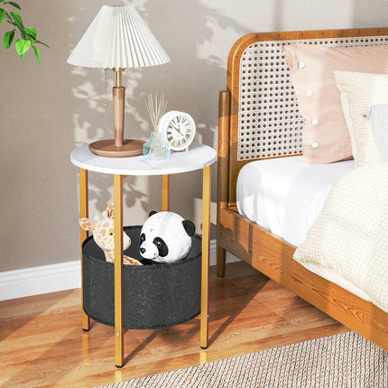 Round End Table 2-Tier Side Table with Removable Fabric Basket and Metal Frame-Rustic Brown
