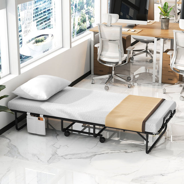 Space-Saving Narrow Twin Rollaway Bed with Pillow and Side Organizer Pocket