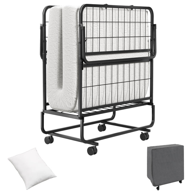 Space-Saving Narrow Twin Rollaway Bed with Pillow and Side Organizer Pocket