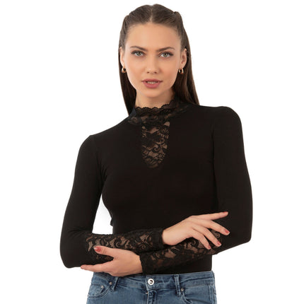 Women's Long Sleeve Lace Bodysuit – Elegant High Neck Design | Black